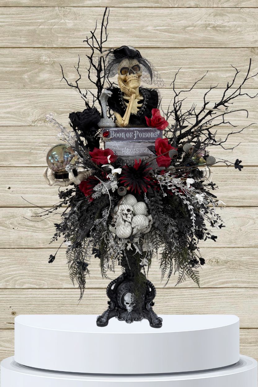 Gothic Halloween Skeleton Arrangement – Spooky Floral Tabletop Decor