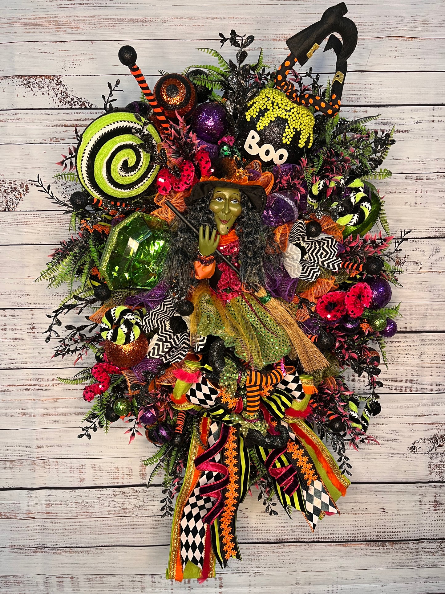 Whimsical Green Witch Wreath | Handcrafted Luxury Halloween Door Wreath