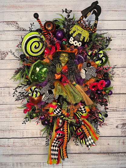 Whimsical Green Witch Wreath | Handcrafted Luxury Halloween Door Wreath