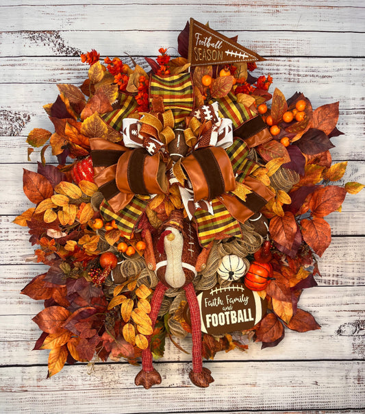 Faith, Family & Football Turkey Wreath | Luxury Thanksgiving Front Door Wreath