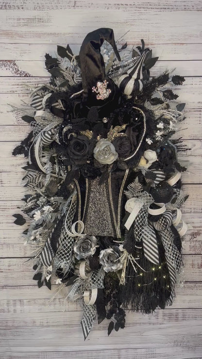 Midnight Enchantress Witch Wreath | Luxury Black & Silver Halloween Door Hanger