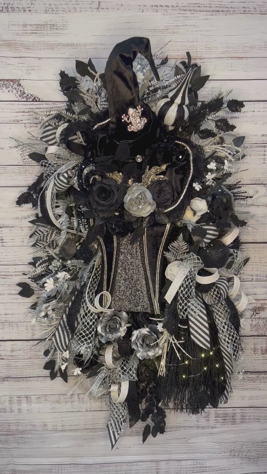 Midnight Enchantress Witch Wreath | Luxury Black & Silver Halloween Door Hanger
