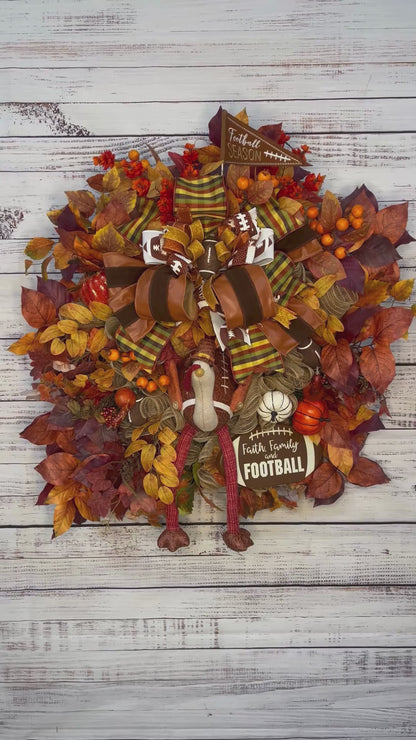 Faith, Family & Football Turkey Wreath | Luxury Thanksgiving Front Door Wreath