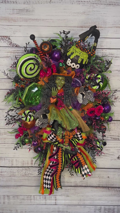 Whimsical Green Witch Wreath | Handcrafted Luxury Halloween Door Wreath