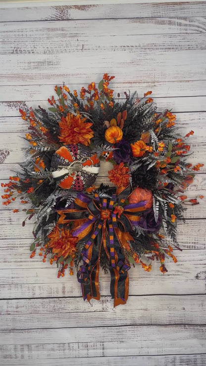 Midnight Harvest Pumpkin Wreath | Luxury Black & Orange Fall Halloween Wreath